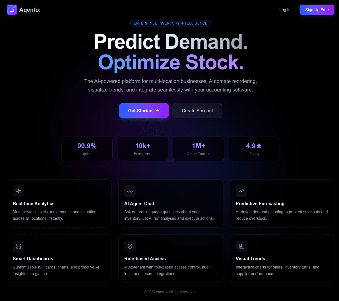 Aqentix landing page showing tagline, hero metrics, and feature cards