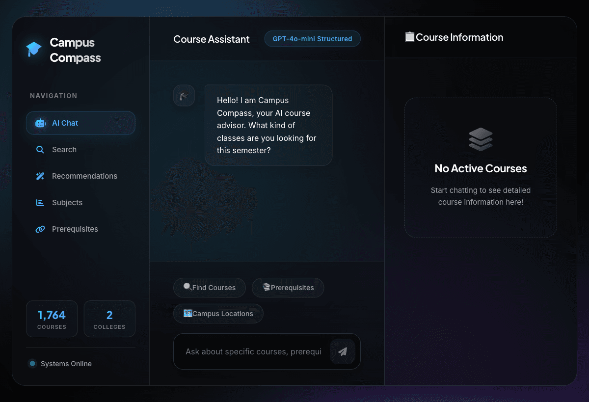 AI course advisor chat interface with suggestion buttons for Find Courses, Prerequisites, and Campus Locations