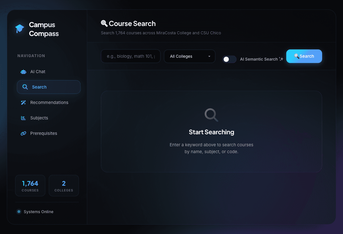 Course search view with semantic results and source-cited answers