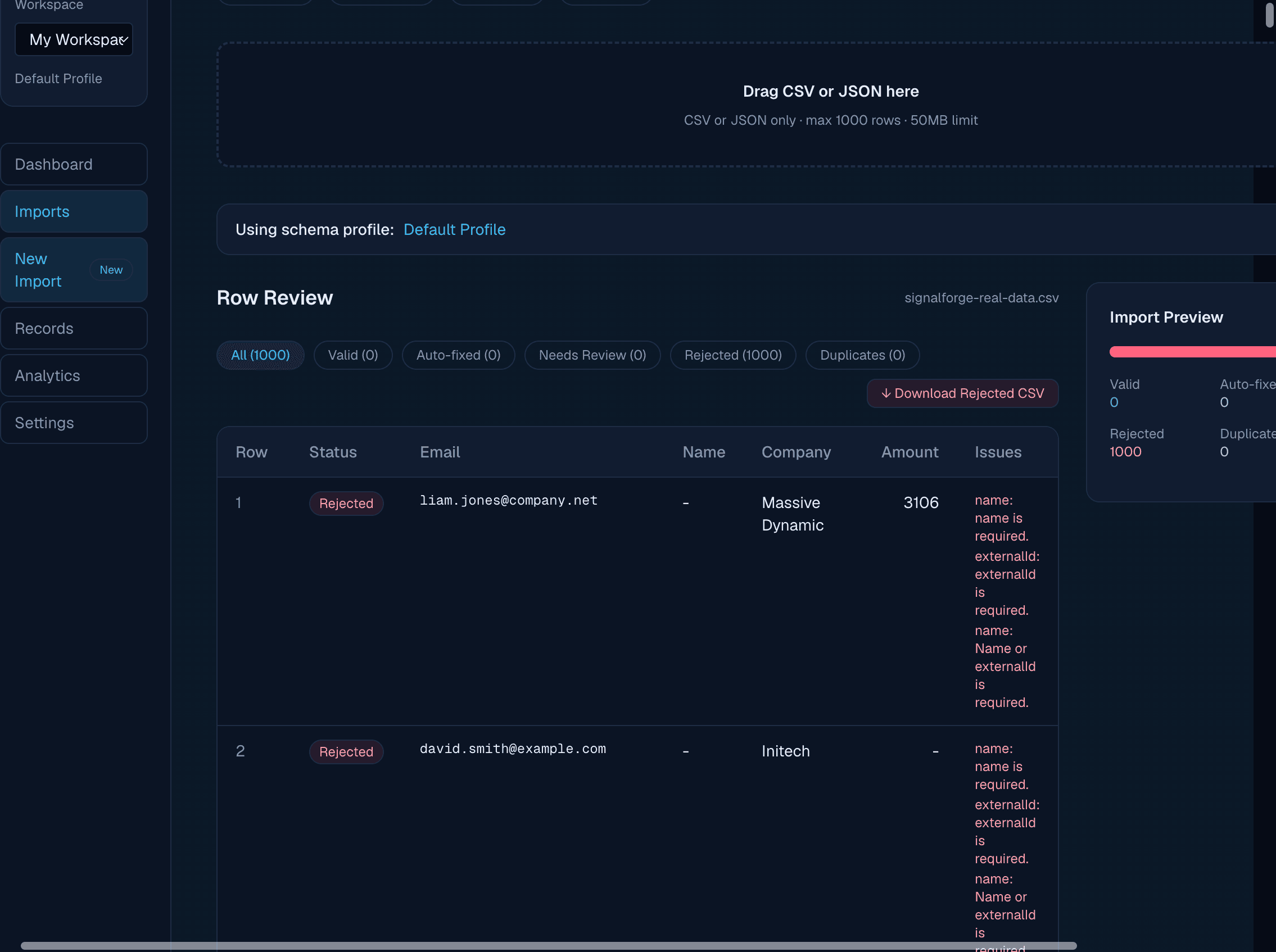 Dashboard with import metrics: total imports, records stored, data quality, auto-fixed, needs-review, rejected and duplicates