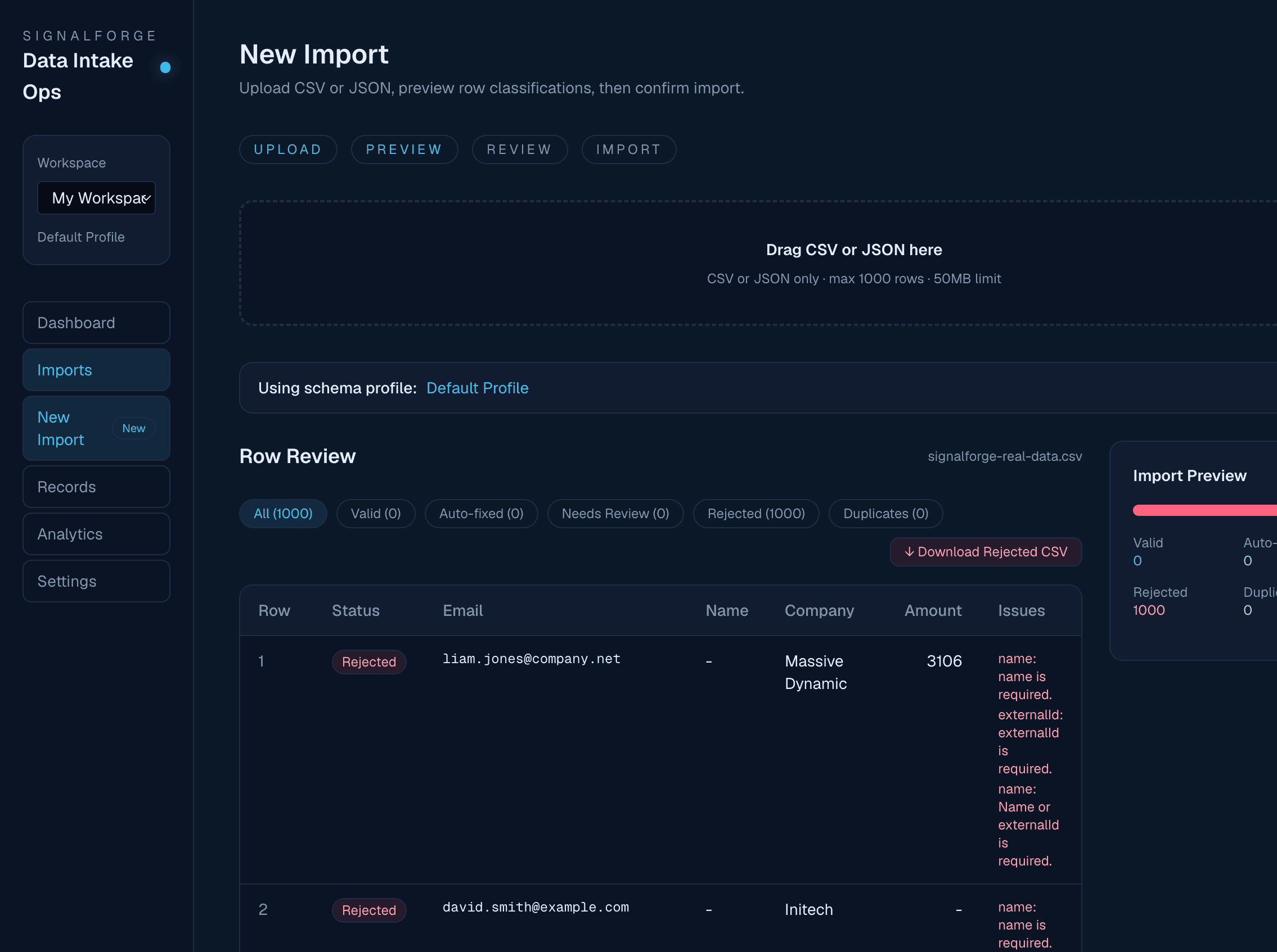 New import upload dropzone for CSV and JSON files