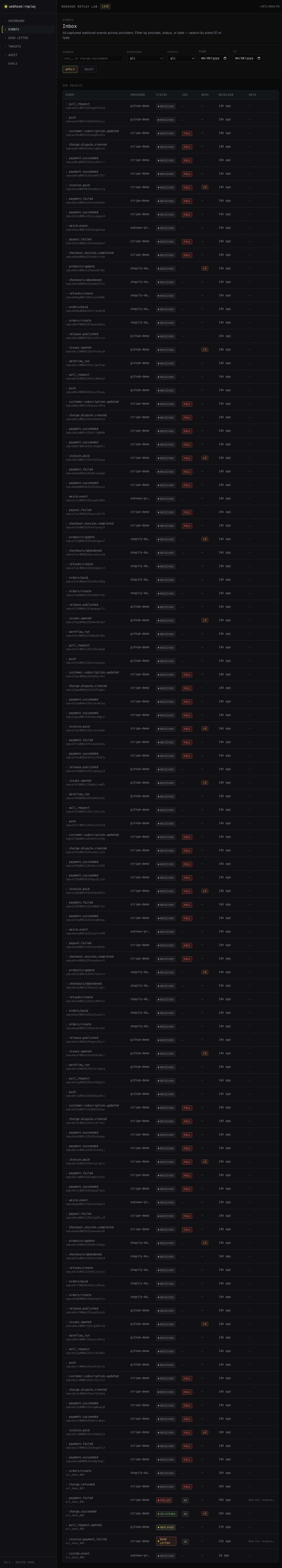 Events inbox listing every captured webhook with status, signature check, and duplicate count